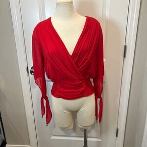 Uno Core Red Pleated V-Neck Smocked Waist Rhinestone Blouse Women's L